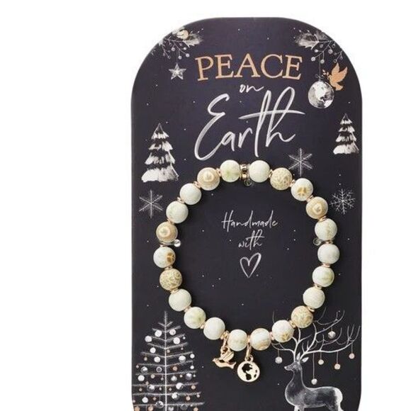 New Jilzarah Clay Beaded Bracelet Peace on Earth Charms Dove Globe Winter Gold - Picture 1 of 5